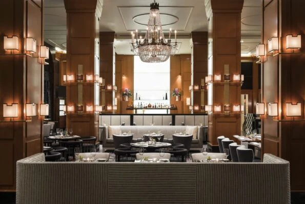 Elegant lounge like sofa seating surrounds tables at The BLVD.