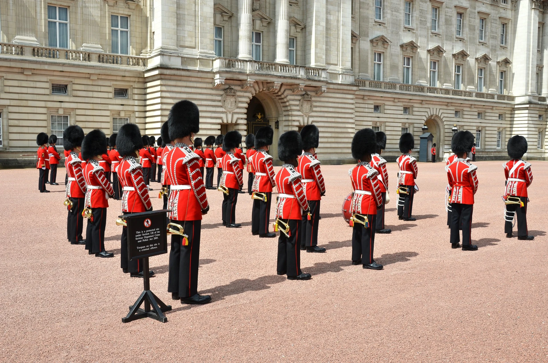 Soldiers lined up during Changing of the Guards at Buckingham Palace