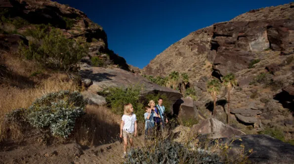 A family hikes through Indian Canyons on a trail with rocky hills in the background.