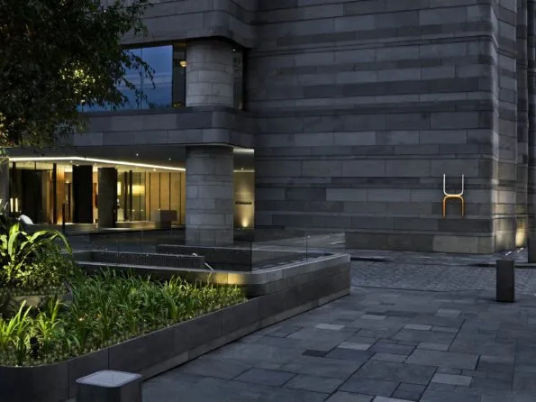 The swanky concrete exterior of Upper House Hong Kong at night