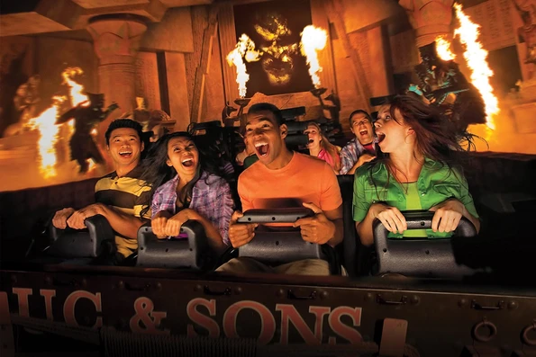 People in the front row of the Mummy ride at Universal Studios Hollywood