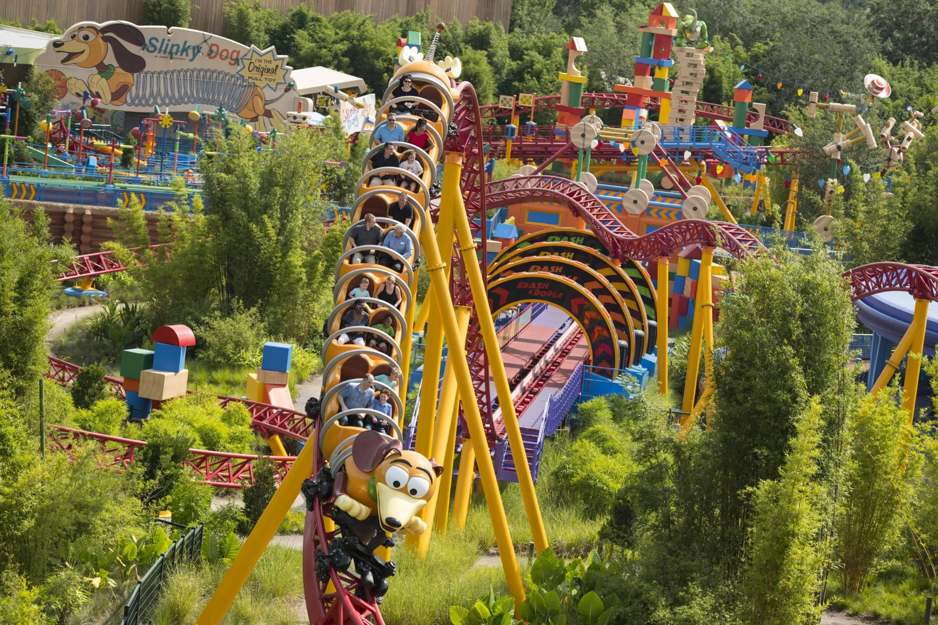 Riders enjoy the mild Slinky Dog Dash coaster in Toy Story Land.
