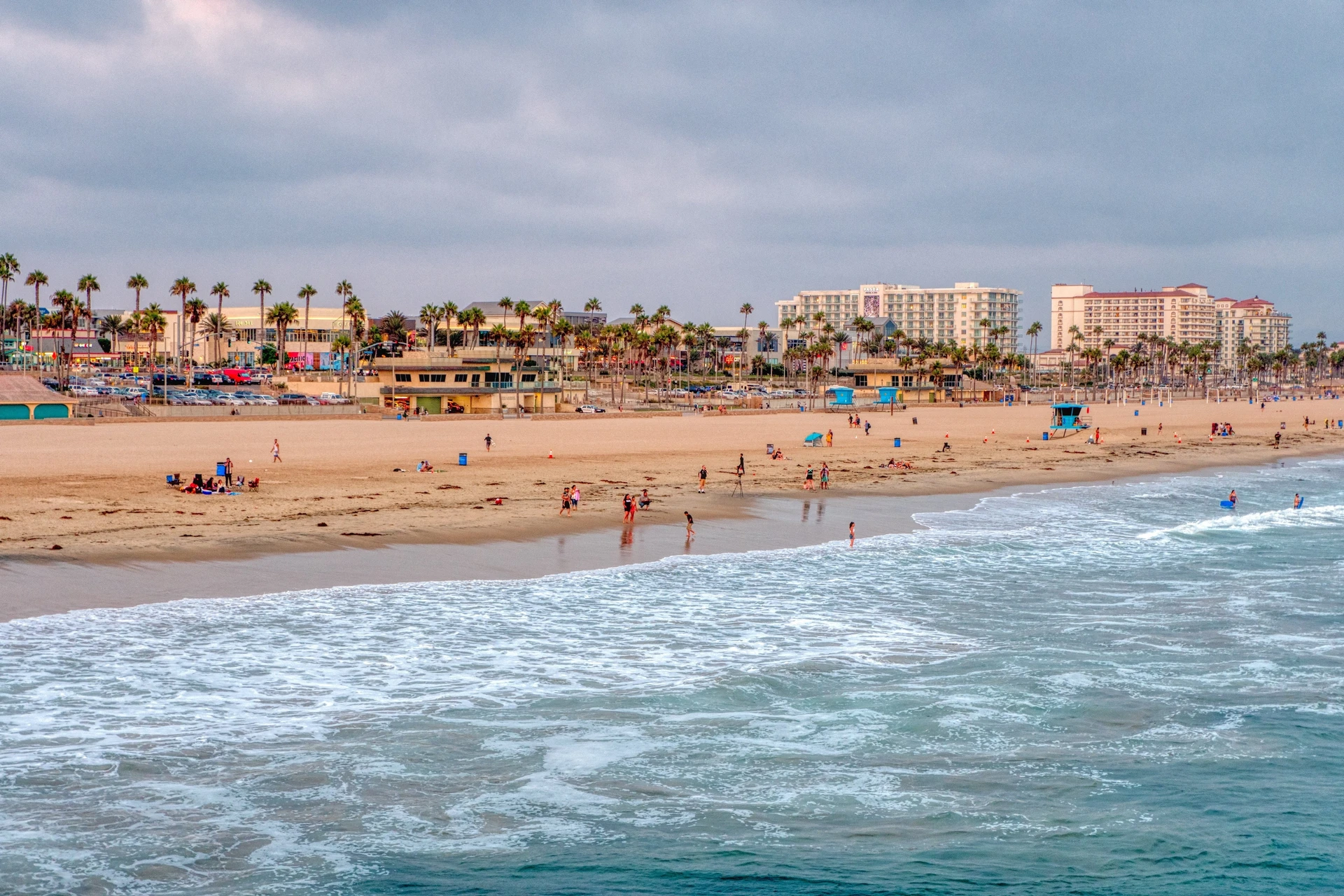 View over the ocean to the sand of Huntington Beach