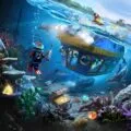 Riders submerge underwater in a submarine during LEGO City Deep Sea Adventure