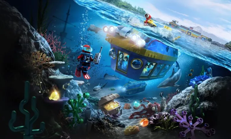 Riders submerge underwater in a submarine during LEGO City Deep Sea Adventure