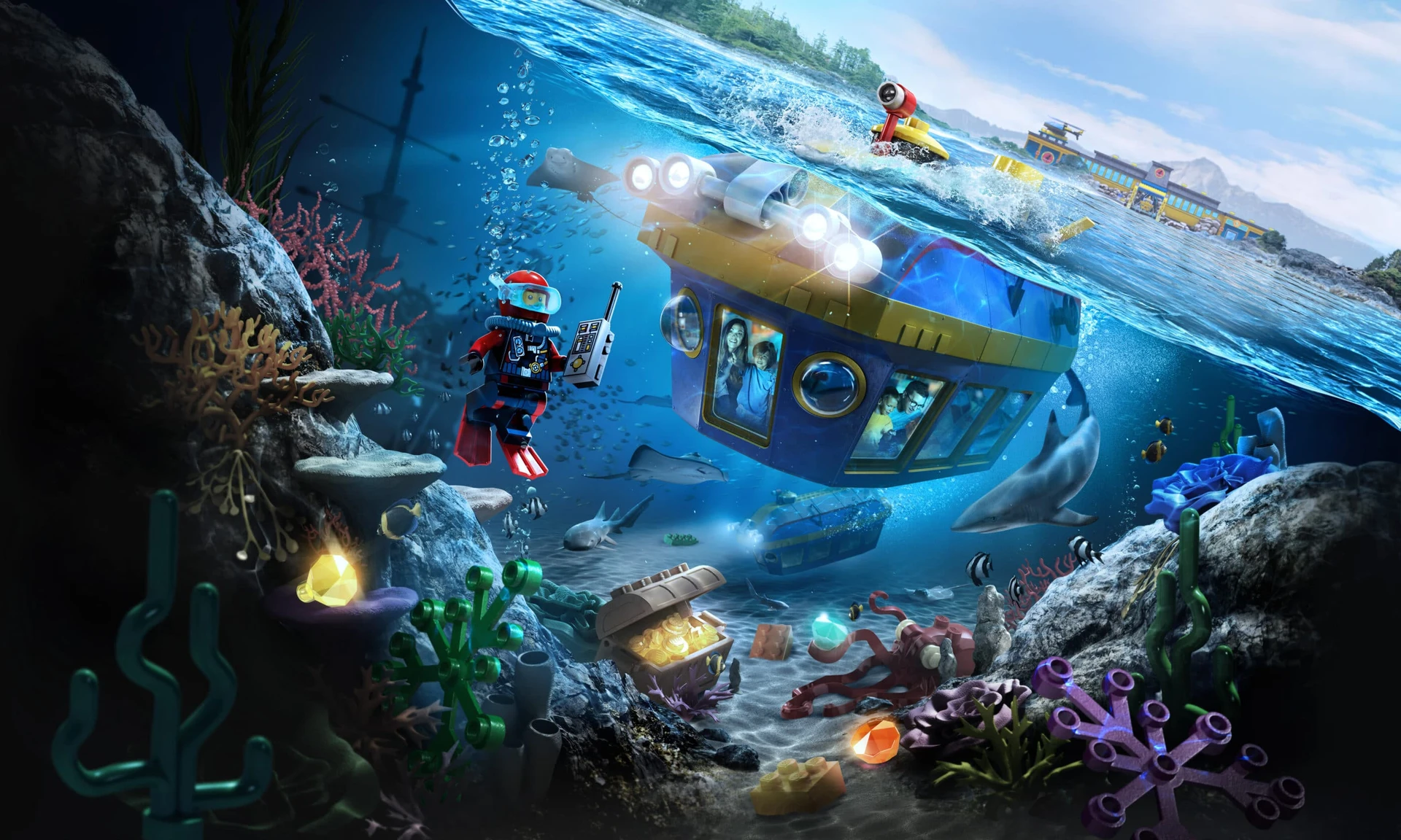 Riders submerge underwater in a submarine during LEGO City Deep Sea Adventure