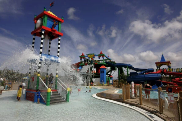 A water slide and water play area at the LEGOLAND California Water Park, a fun thing to do in Carlsbad California