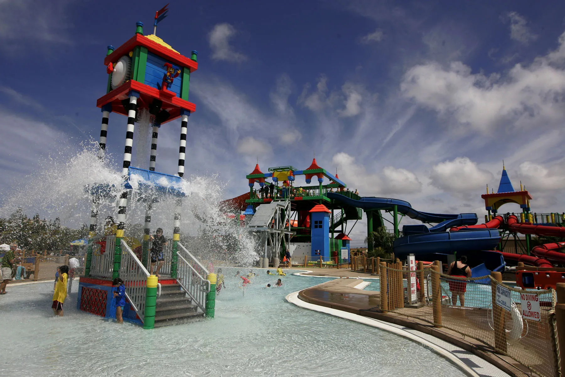 A water slide and water play area at the LEGOLAND California Water Park, a fun thing to do in Carlsbad California