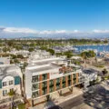 Aerial view of The Bower Coronado hotel to San Diego Bay.