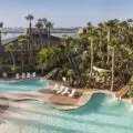 Two of the three pools and three water slides at Hyatt Regency Mission Bay Spa and Marina near SeaWorld San Diego.