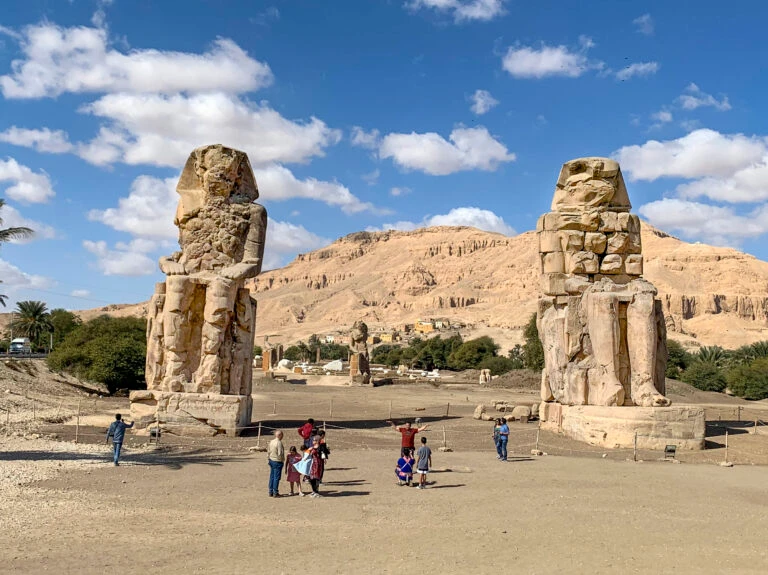 Front view of the Colossi of Memnon statues in Luxor, Egypt
