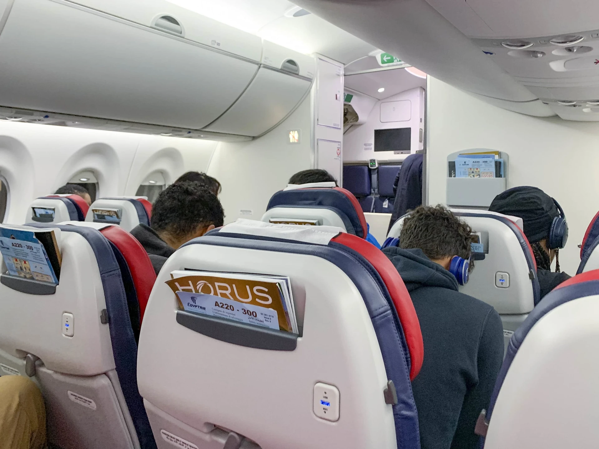 View of the business class cabin over seats and toward the cockpit on our EgyptAir flight from Cairo to Luxor.