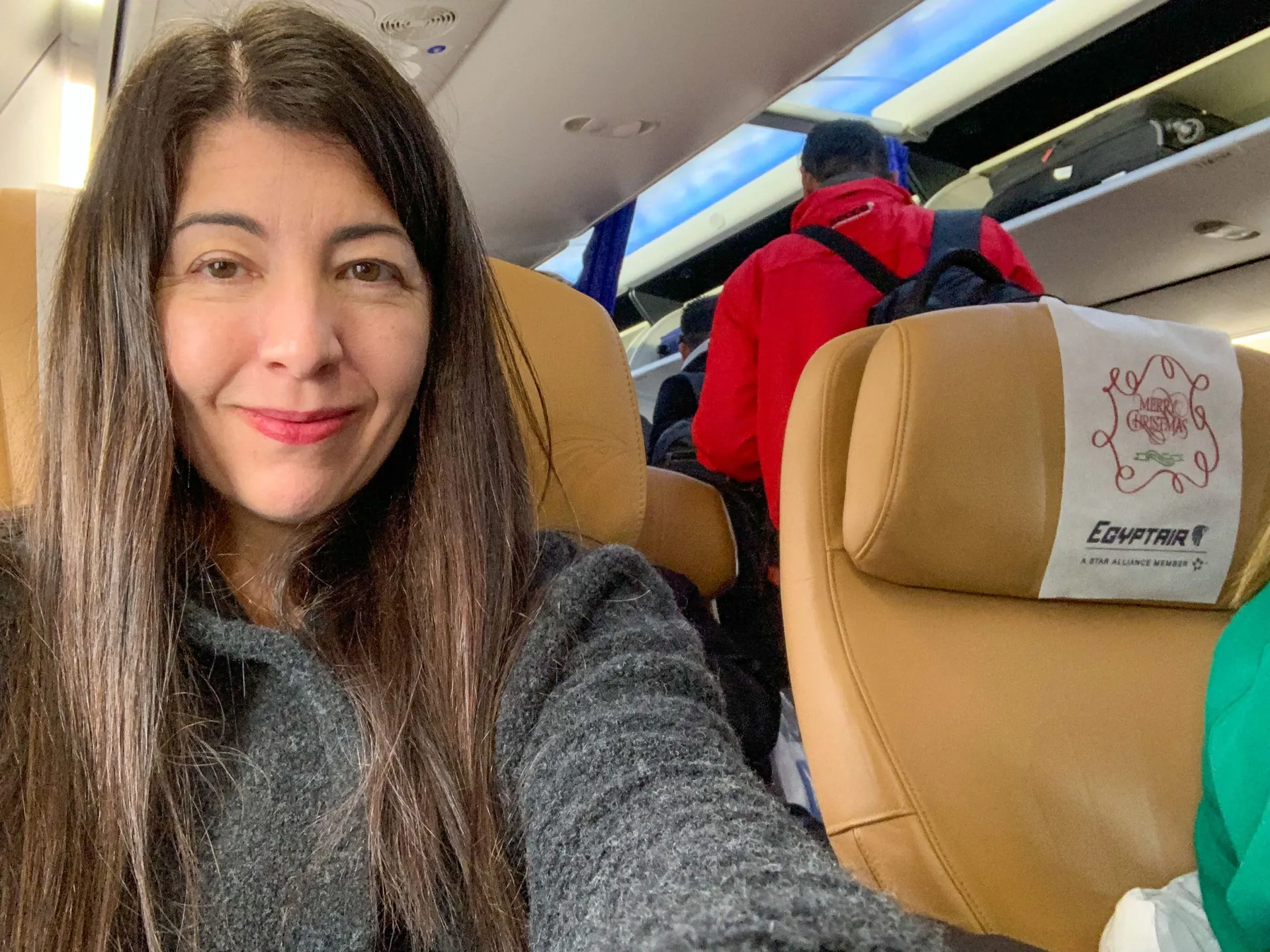 Me, taking a selfie in my Egyptair business class seat while waiting for boarding to end.