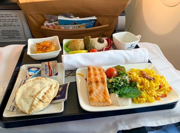 A truly delicious lunch with mezze and salmon on EgyptAir from Athens to Cairo in business class.