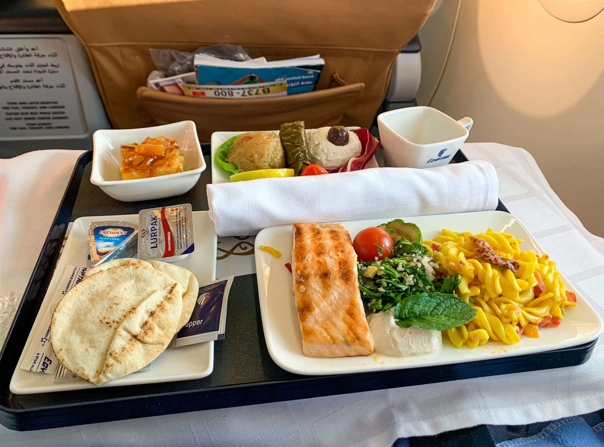 A truly delicious lunch with mezze and salmon on EgyptAir from Athens to Cairo in business class.