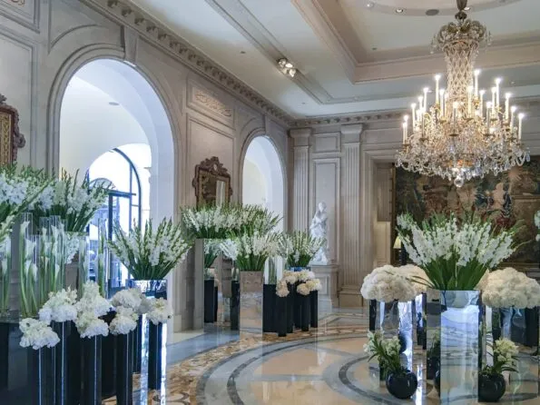 Gorgeous white flowers on display in the lobby by Jeff Leatham.
