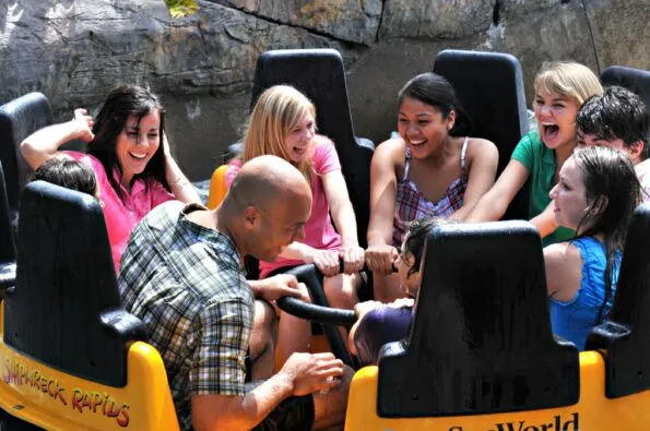 A group in a Shipwreck Rapids raft at SeaWorld San Diego.