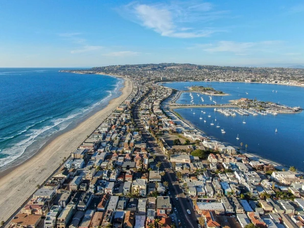 Aerial view of Mission Bay on the east and Mission Beach on the west.