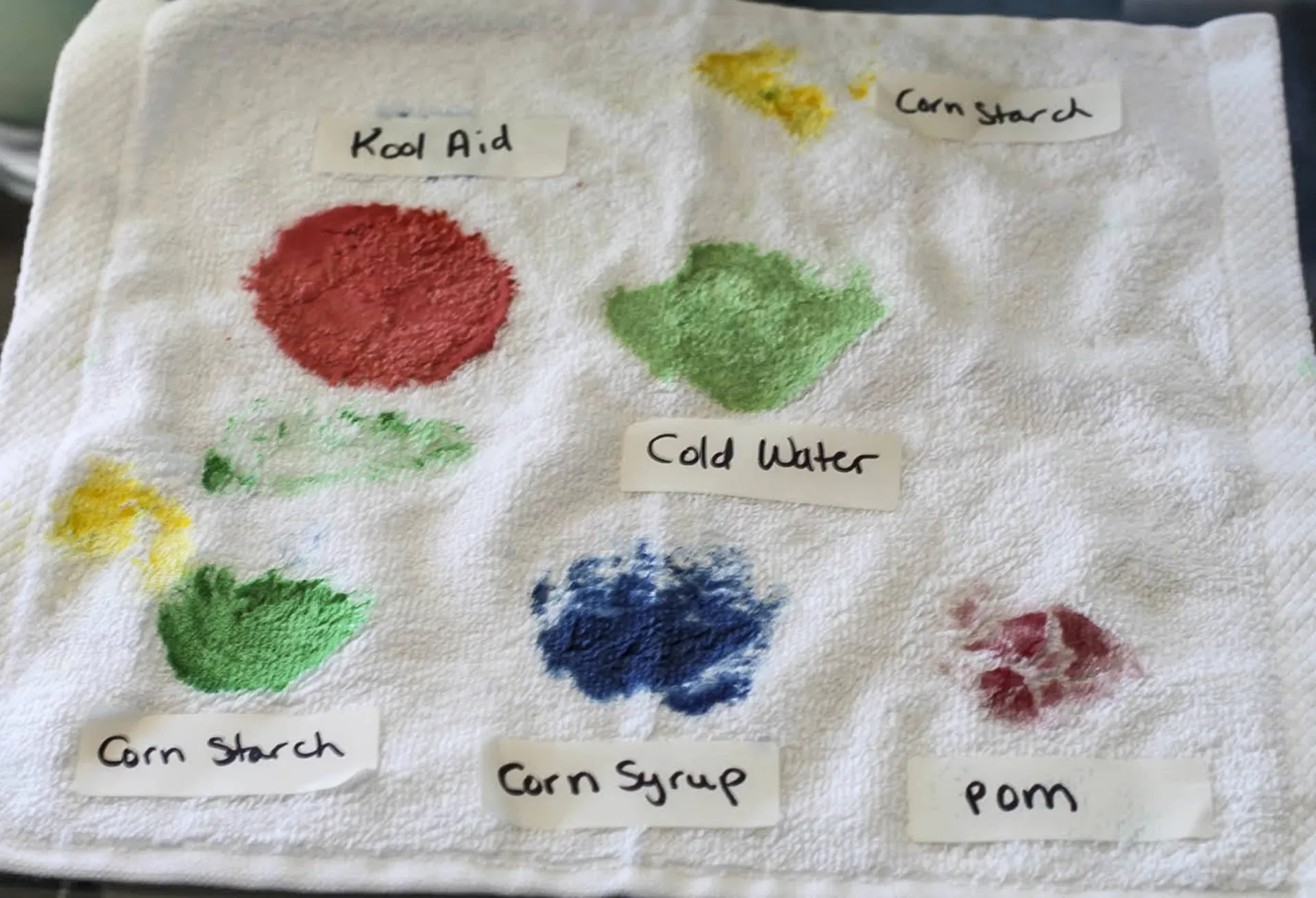The various recipes tested in a white wash cloth so that we can see how well the stains come out.