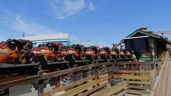 An empty Pony Express roller coaster on the track at Knott's Berry Farm.