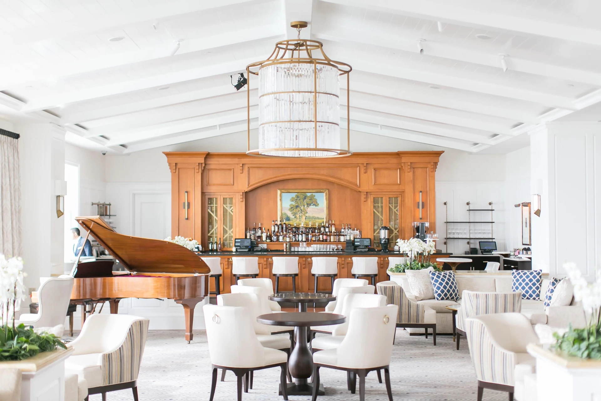 The light and white interior of the Lobby Lounge at Montage Laguna Beach.
