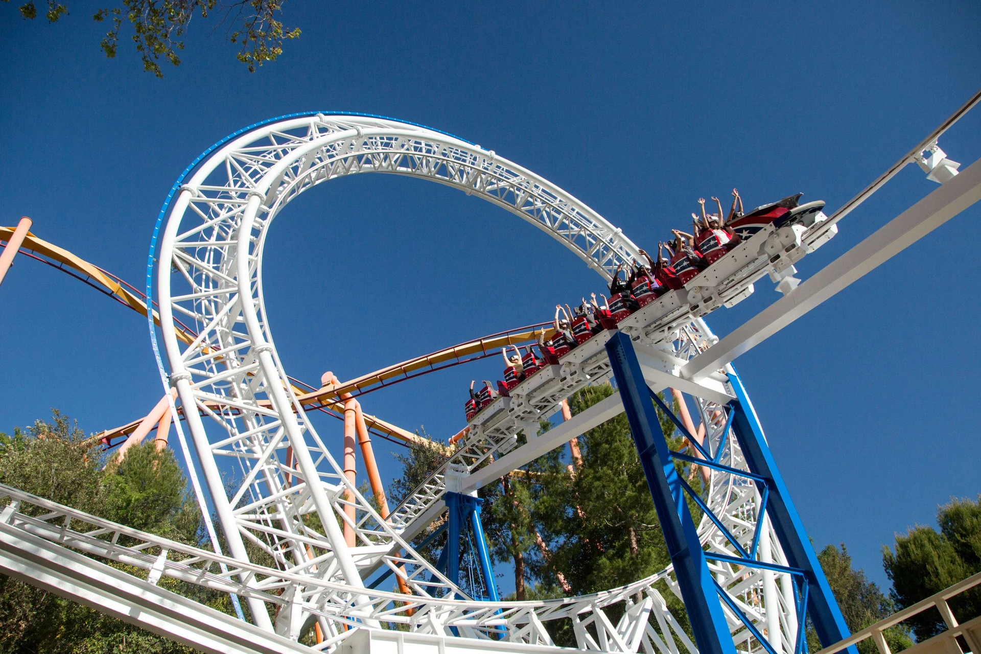 A roller coaster on a track at Six Flags Magic Mountain, one of the best theme parks in the USA.