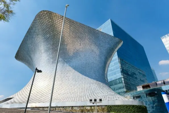 The modern exterior of Soumaya Art Museum a great family travel destination in Mexico City.
