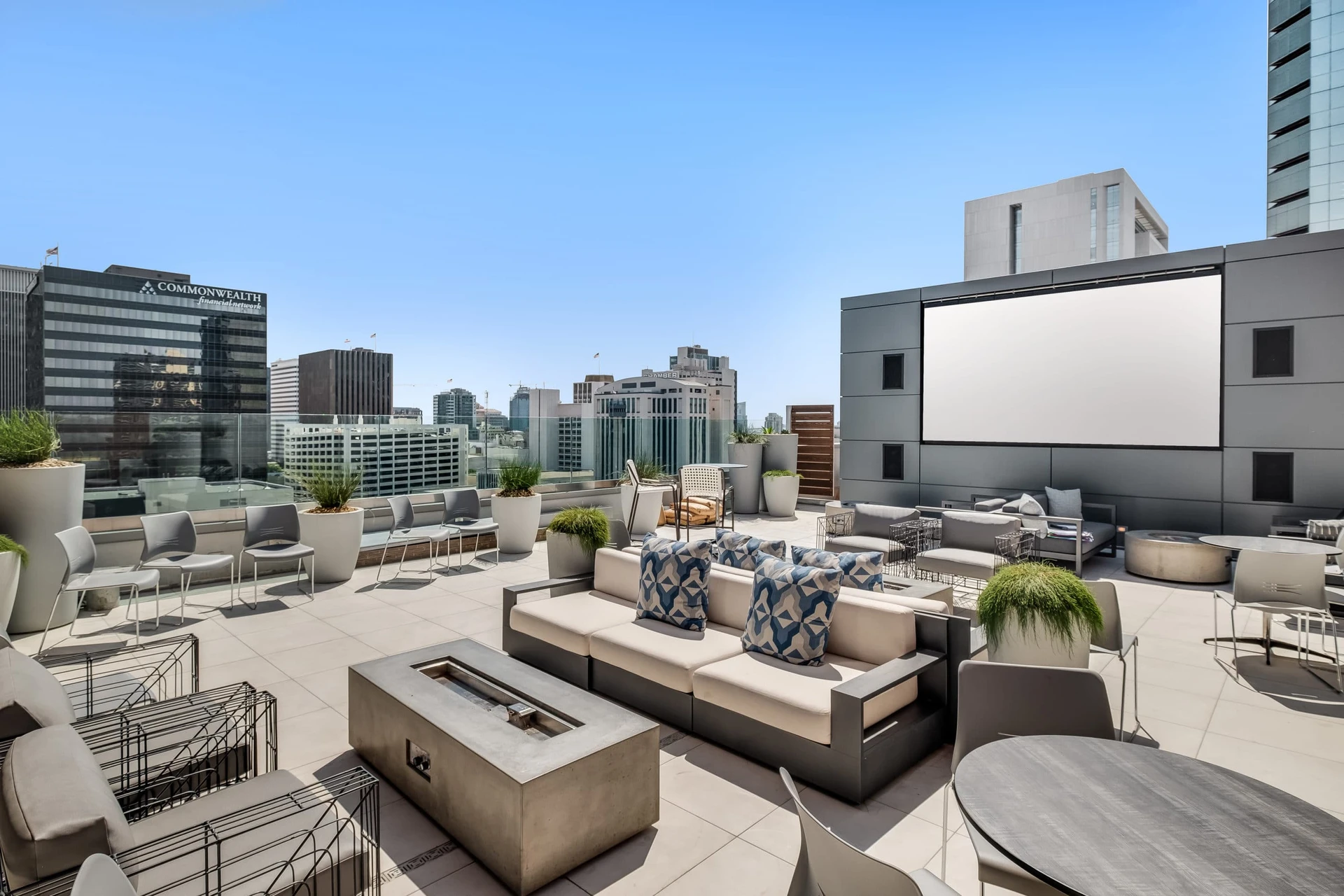 The rooftop lounge with TV screen at Carte Hotel San Diego in Little Italy.