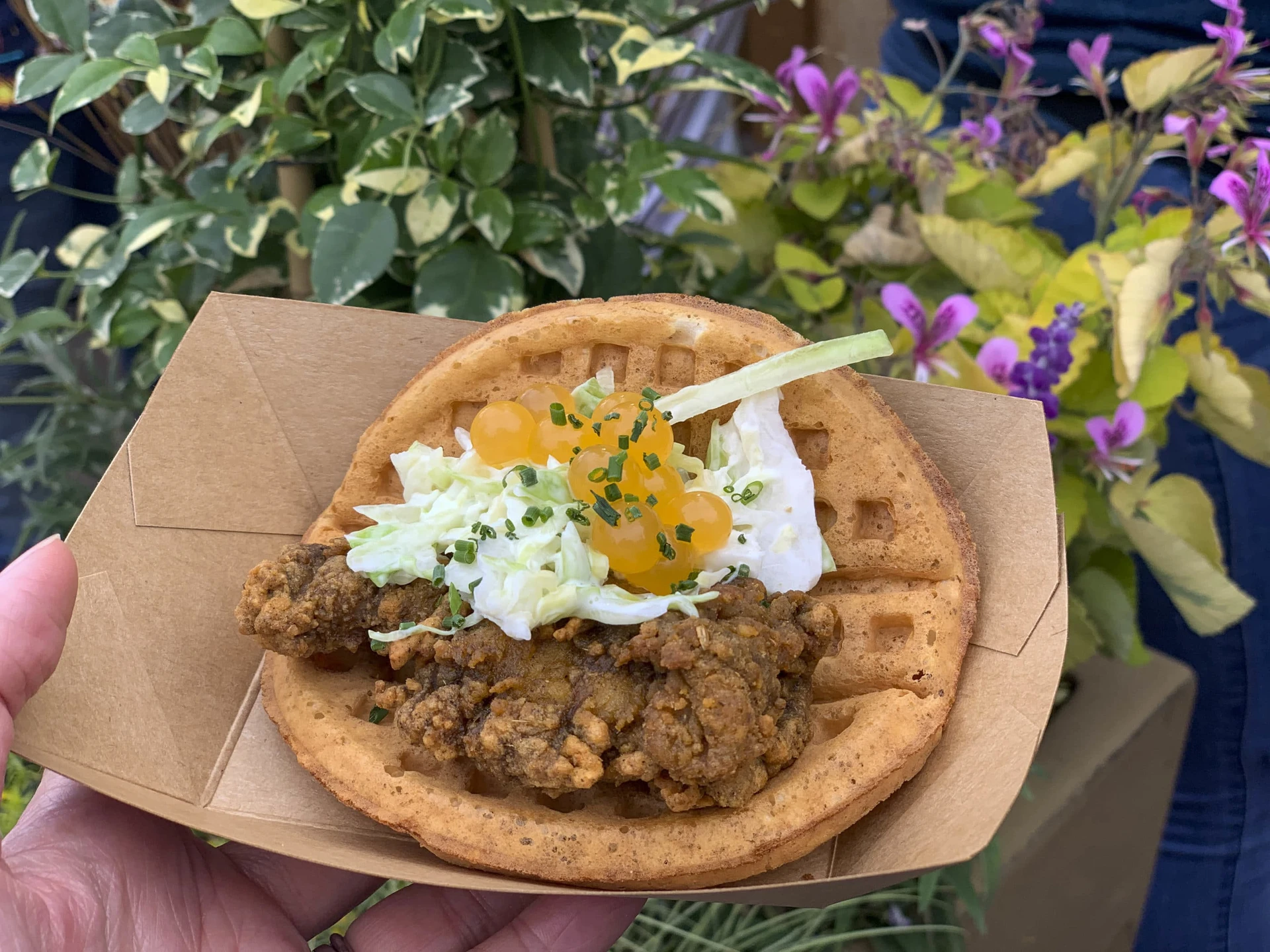 The fried chicken and waffle sandwich in a paper tray in front of some foliage at the Disneyland Food and Wine Festival.