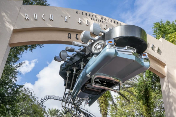 The upside-down car at the entrance to Rock 'n' Roller Coaster Starring Aerosmith at Disney's Hollywood Studios.