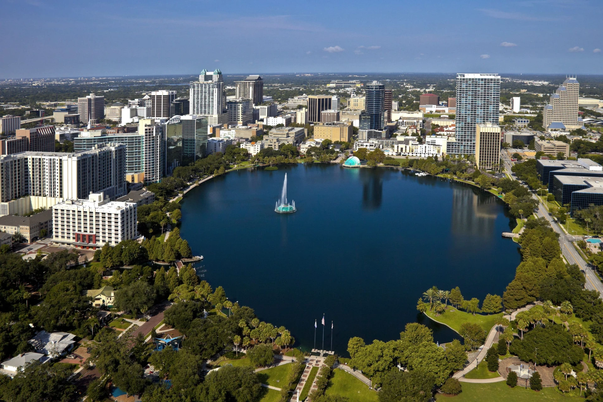 Aerial view of Lake Eola park in the middle of city life in Orlando.