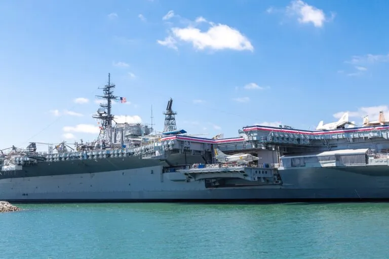Exterior view of USS Midway Museum on the water.