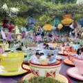 Guests spin in the teacups on the Mad Tea Party ride at Disneyland