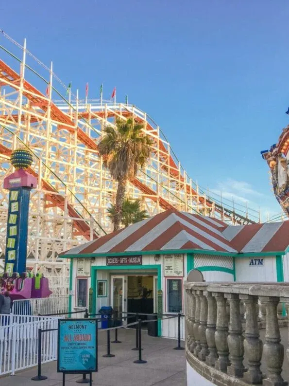 Belmont Park ticket booth with the Big Dipper roller coaster in the background.