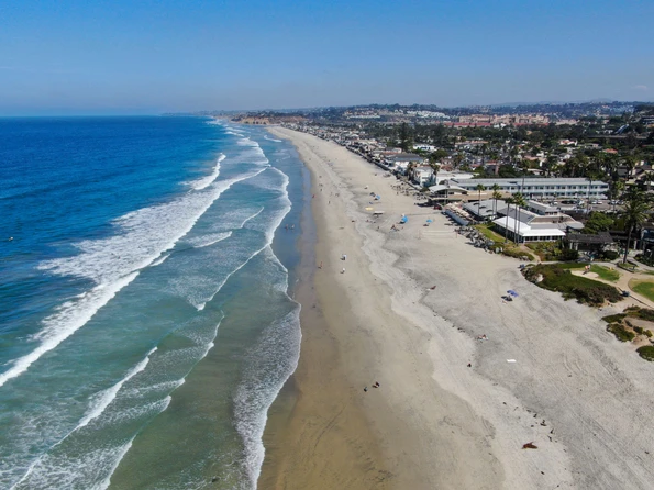 Aerial view of Del Mar City Beach, one of the best beaches in San Diego for families.