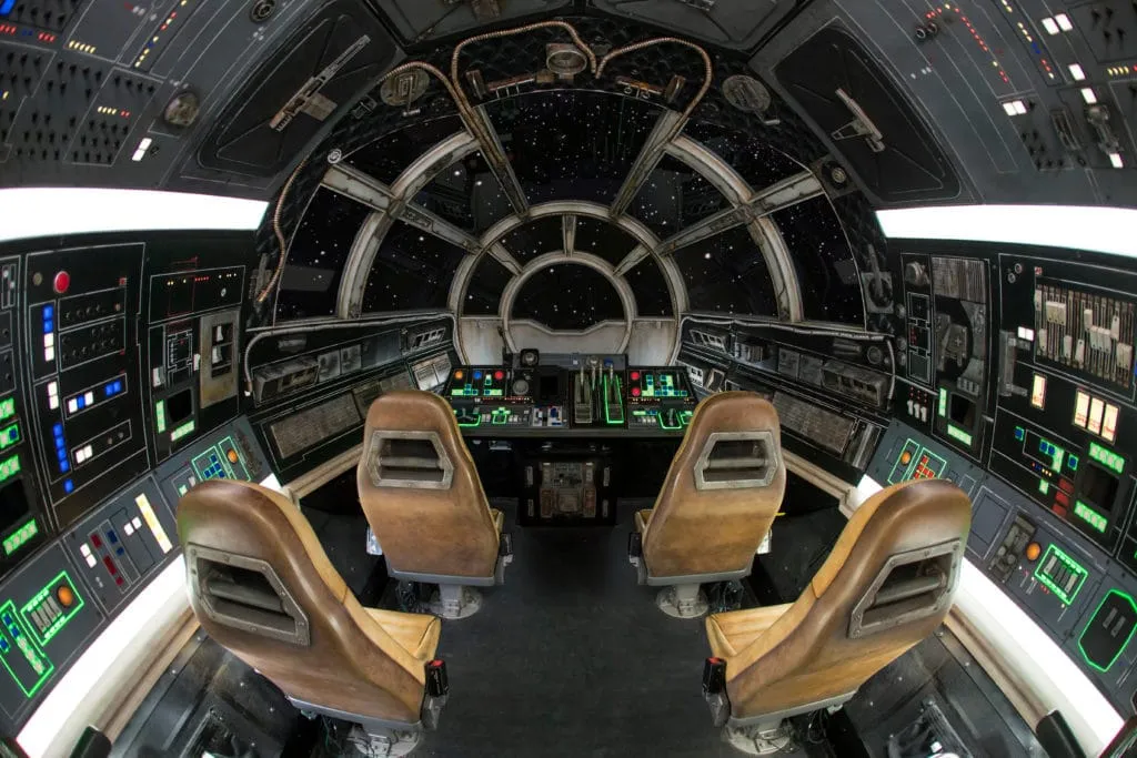 The Millennium Falcon cockpit inside Smugglers Run ride at Disneyland.