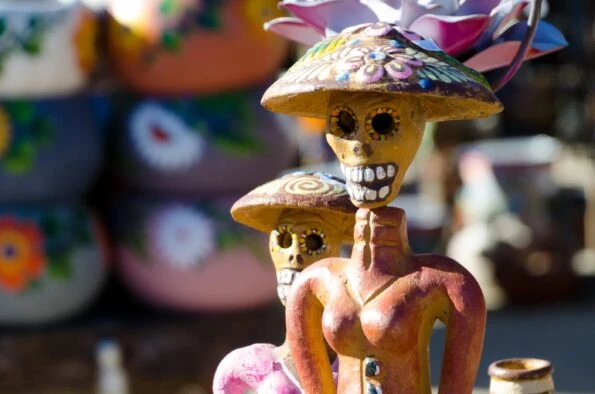Dia de Muertos figurines in a marketplace in Old Town, San Diego