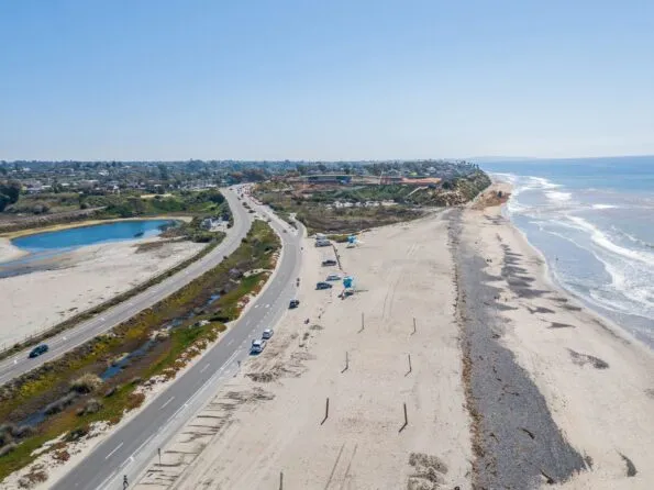 Aerial view of South Ponto Beach in south Carlsbad, California which is one of San Diego's family friendly beaches.