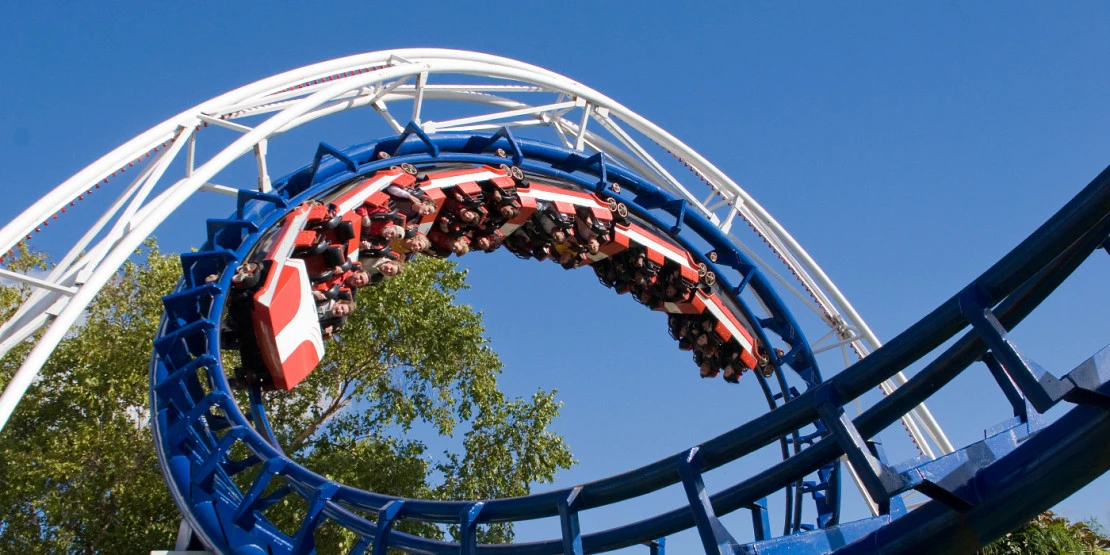 Corkscrew roller coaster at Cedar Point theme park.