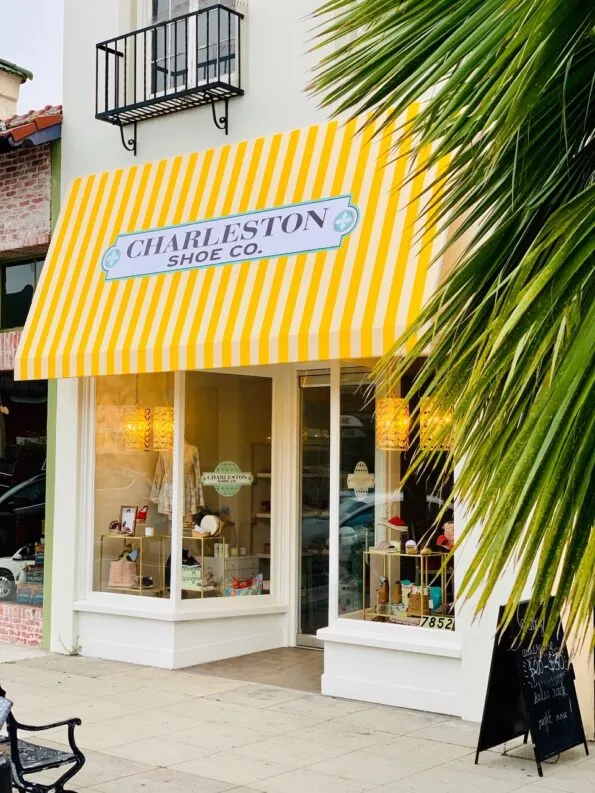 The yellow awning of Charleston Shoe Co., a La Jolla boutique on Girard Avenue.