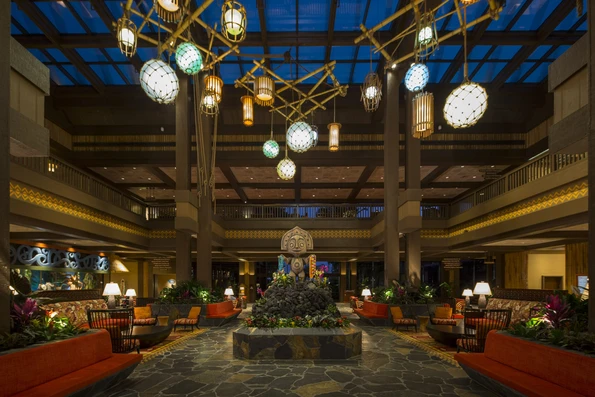 The lobby of Disney's Polynesian Village Resort at Walt Disney World Resort, a popular Orlando family hotel.