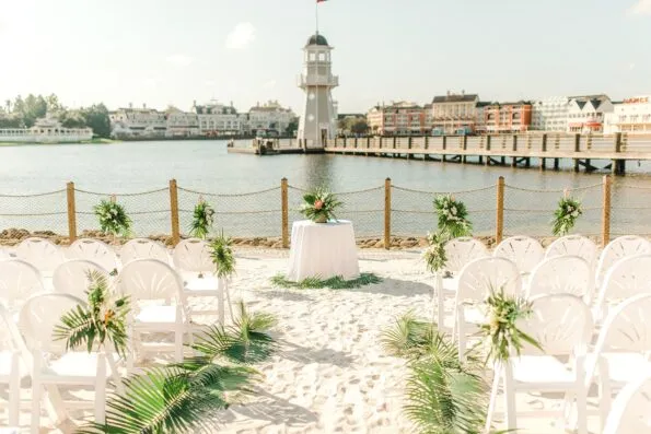 Event chairs set up for a wedding along the lake at Disney's Yacht Club Resort.