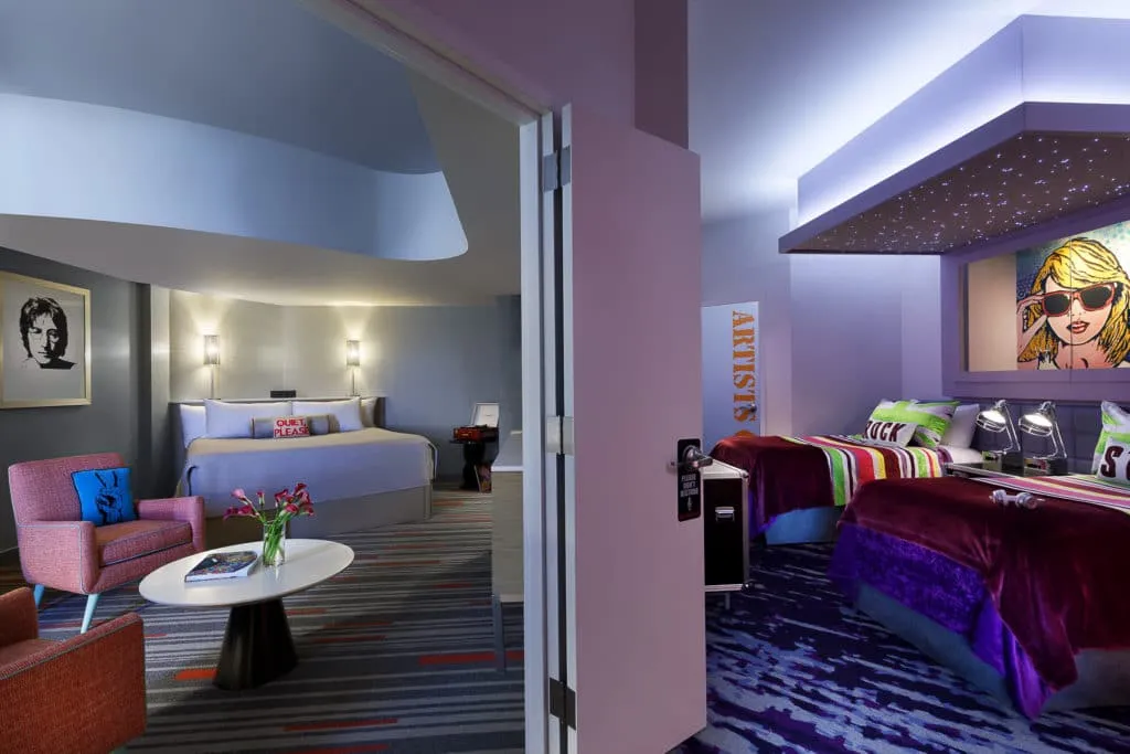 A purple-toned Future Rockstar Suite at Hard Rock Hotel Orlando is great for families.