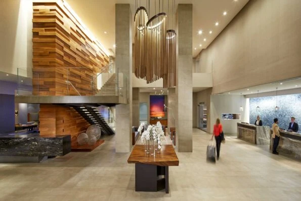 The modern lobby of Hilton San Diego Mission Valley.