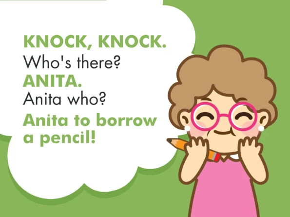 A graphic illustrating a name knock knock joke for kids.
