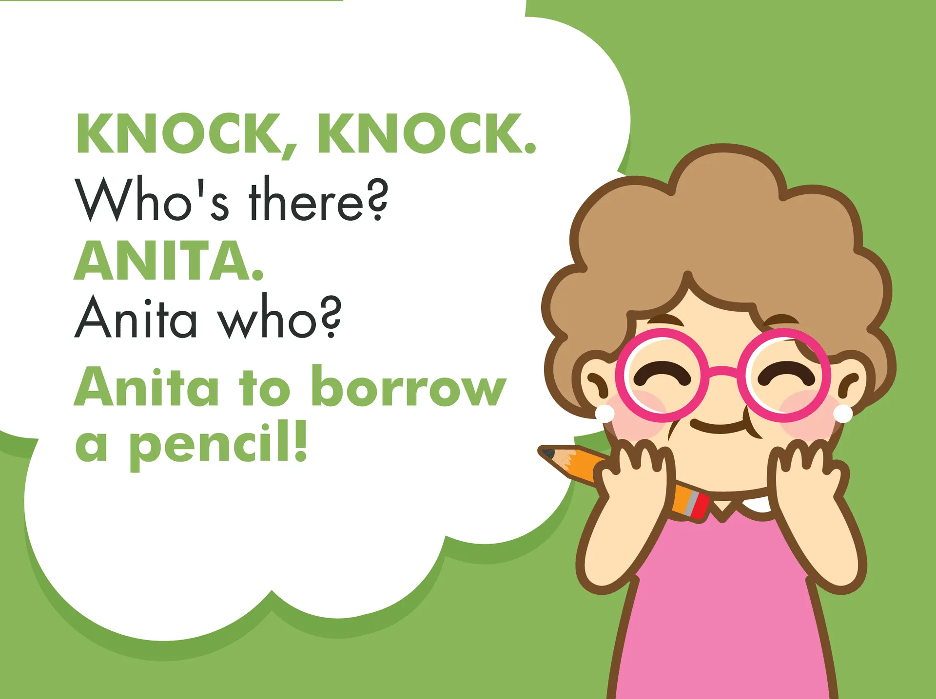 A graphic illustrating a name knock knock joke for kids.