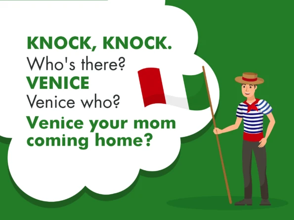 A cartoon gondolier holds an Italian flag next to a Venice joke.