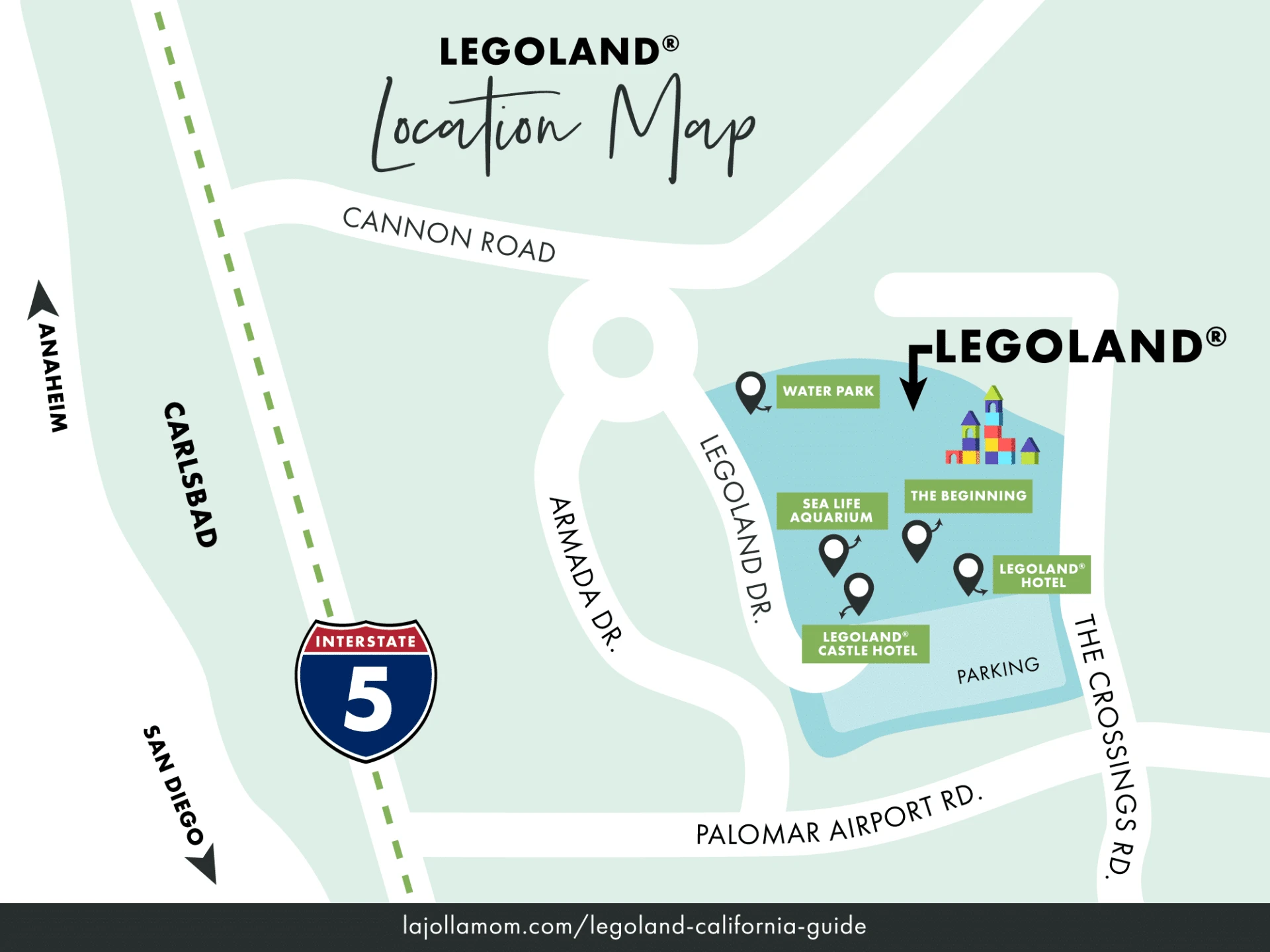 A LEGOLAND California map with directions to parking at the theme park.