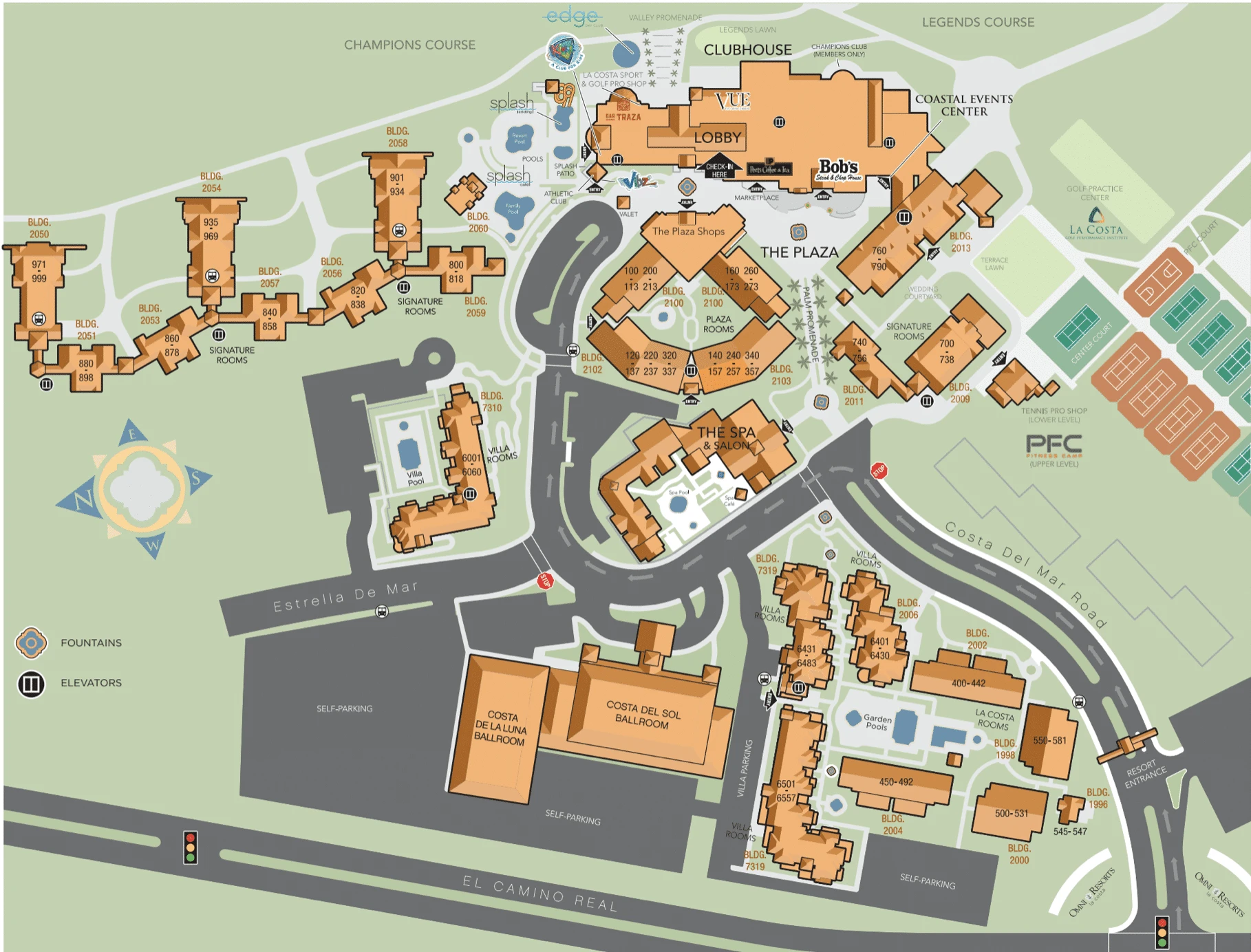A visual Omni La Costa resort map that showcases where the various rooms, restaurants, pools, and amenities are located.