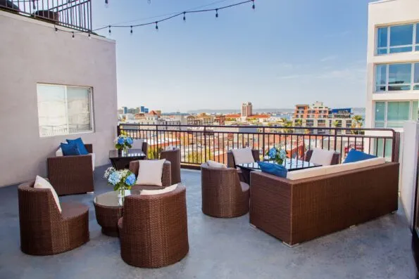 Outdoor terrace at Porto Vista Hotel overlooking Little Italy.